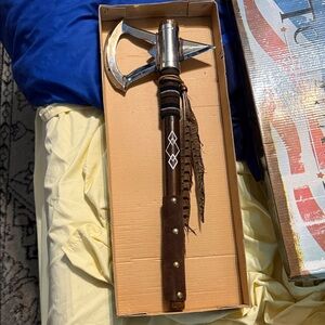 Brown Wood Handle Tomahawk with Feather Accent